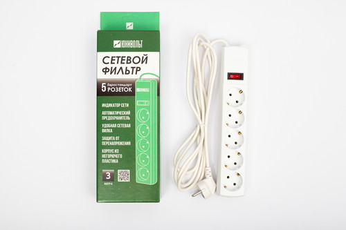 ЮНИВОЛЬТ сетевой фильтр ПВС 3х1 5 роз. 3м 15А белый земля, выкл., полная защита 7930126420099 РФ