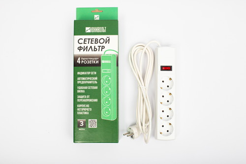 ЮНИВОЛЬТ сетевой фильтр ПВС 3х1 4 роз. 3м 15А белый земля, выкл., полная защита 7930126420006 РФ